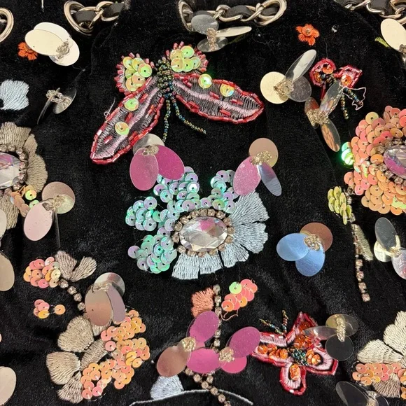 Y2K Black Velvet Sequin Butterfly Shoulder Bag Floral Beaded Boho Purse vintage - Picture 5 of 14